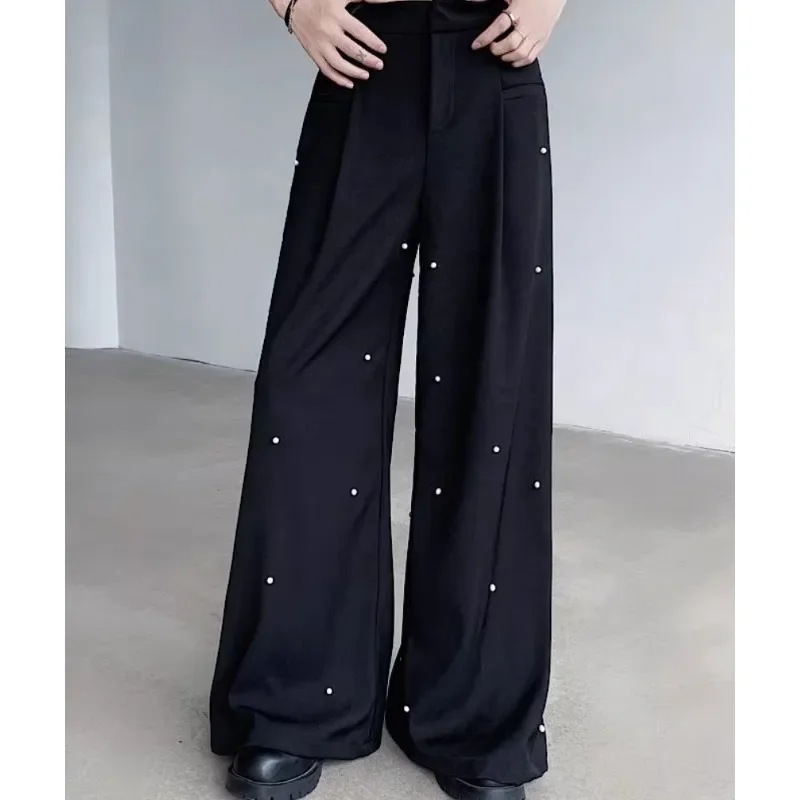 SuperAen 2024 Autumn Retro Black Hanging Wide Leg Straight Leg Casual Pearl Rivet Suit Pants