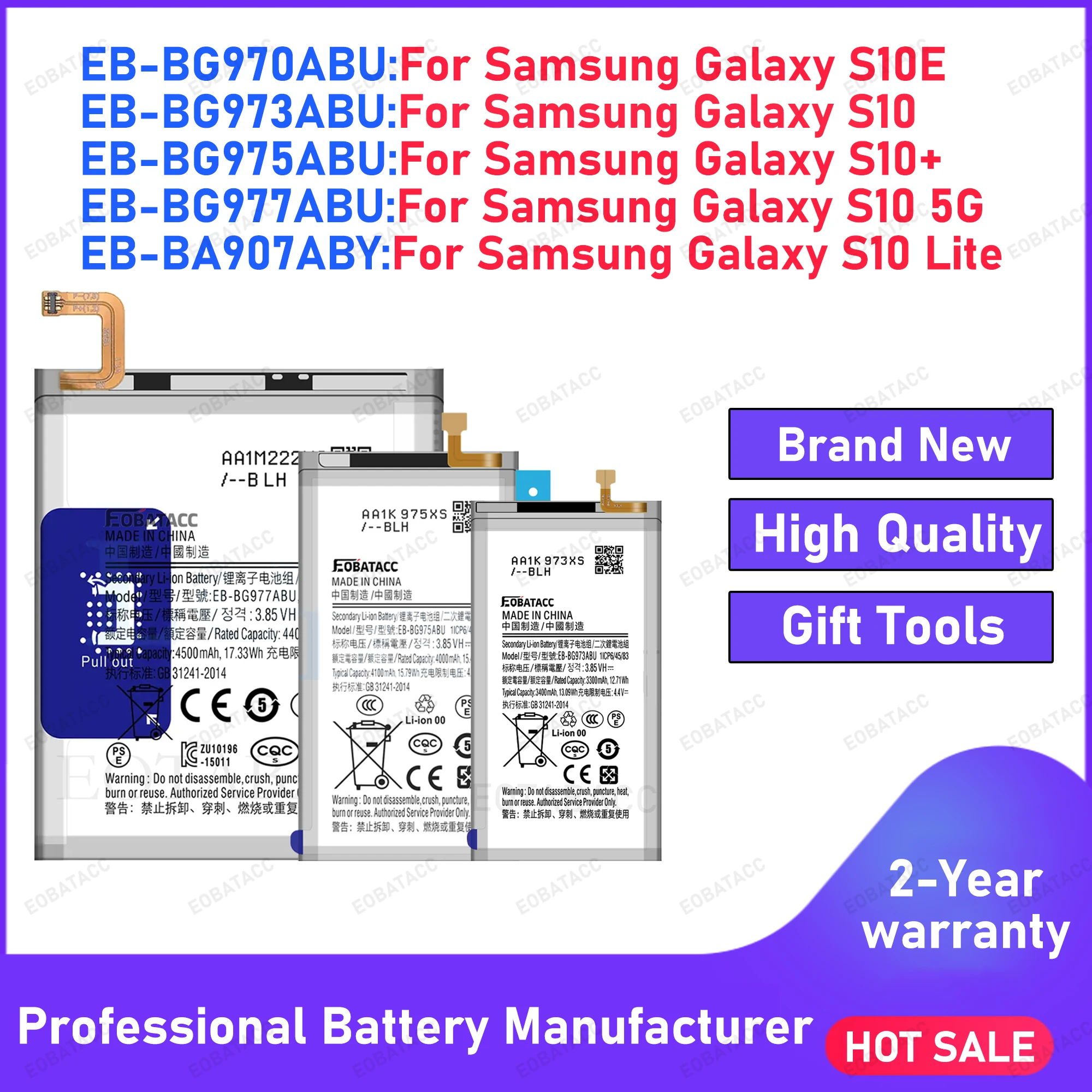 

Brand New EB-BG977ABU EB-BG970ABU EB-BG973ABU EB-BG975ABU EB-BA907ABY For Samsung S10 S10E S10+ S10 5G S10 Lite Battery +Tools