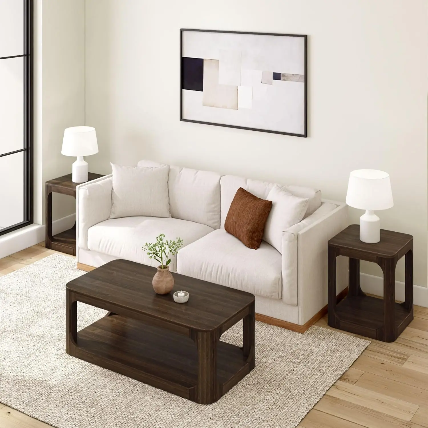 Mesa de centro Plank+Beam Forma, mesa de centro moderna de madera maciza de 48 pulgadas con estante, mesa central contemporánea con espacio de almacenamiento,