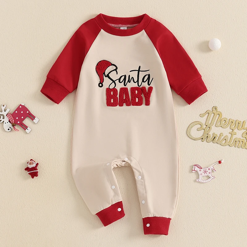 Toddler Baby Christmas Romper Casual Letter Embroidery Long Sleeve Jumpsuit for Newborn Girl Boy CuteXmas Clothes