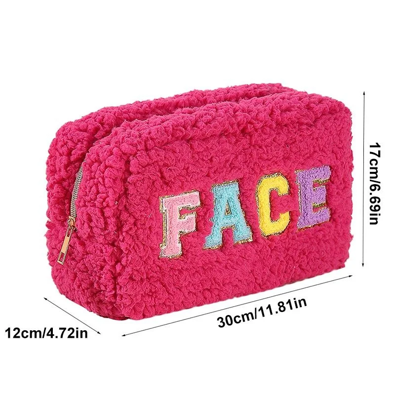 Letters Plush Makeup Bag Portable Small Travel Cosmetic Bag with Zipper Polar Fleece Pouch Bags for Women Girls Patch Pouches