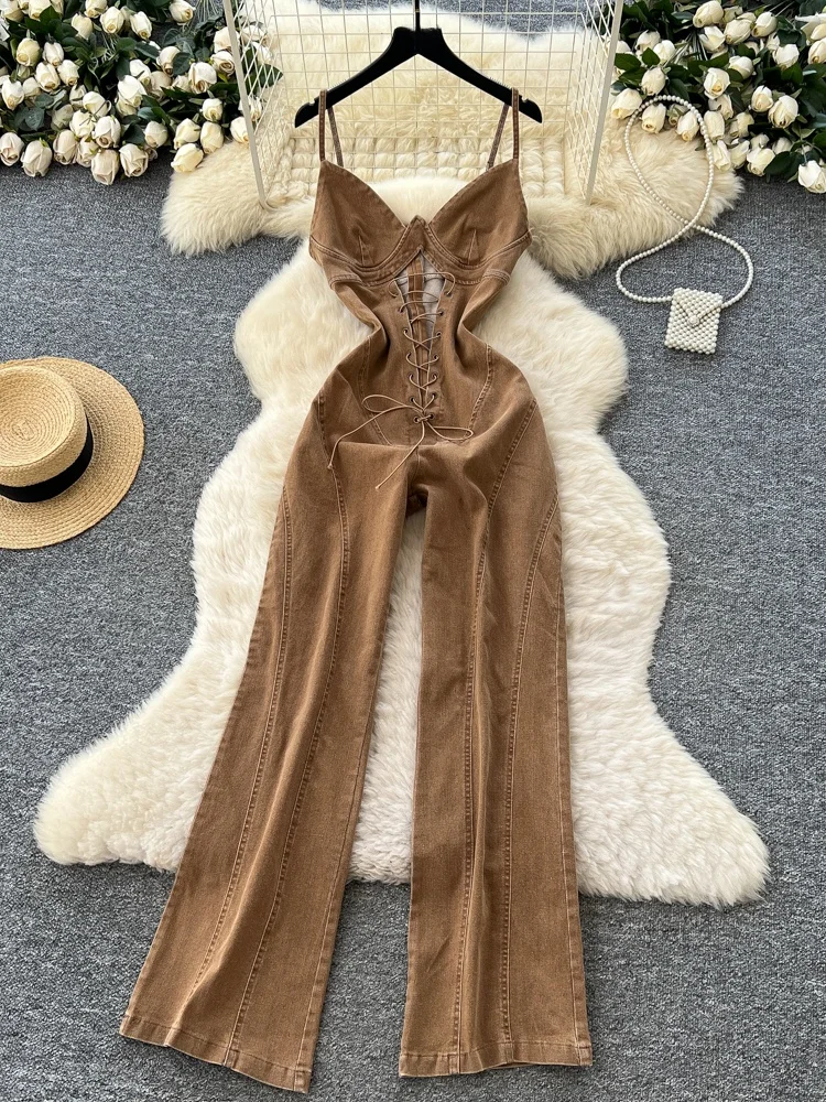 Chic Hollow out Belted Denim Jumpsuit Women's Casual Fashionable Sexy Autumn Pants High Waist Straight Leg Long Trousers