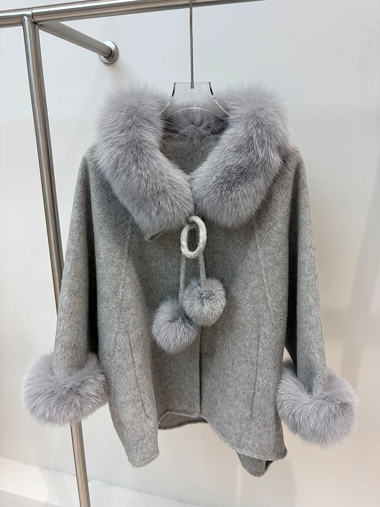 New Winter Women's Real Fox Fur Collar Cuffs Coat Wool Cloak Cashmere Warm Jacket Casual Luxury Thick Female Coat