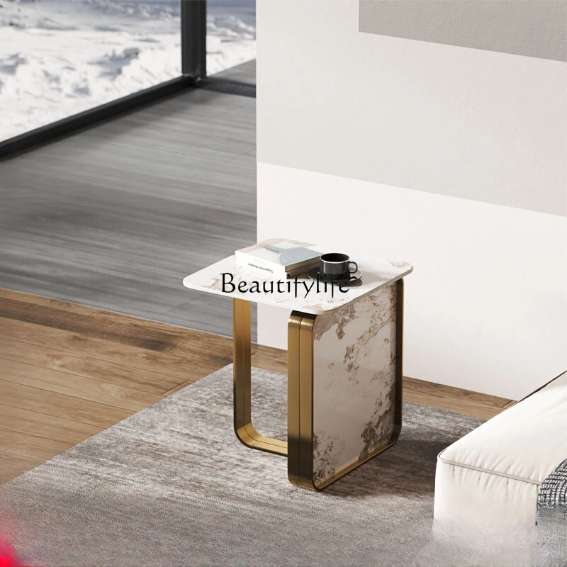 Light luxury rock slab stainless steel edge table, modern simple square small side table bedside table