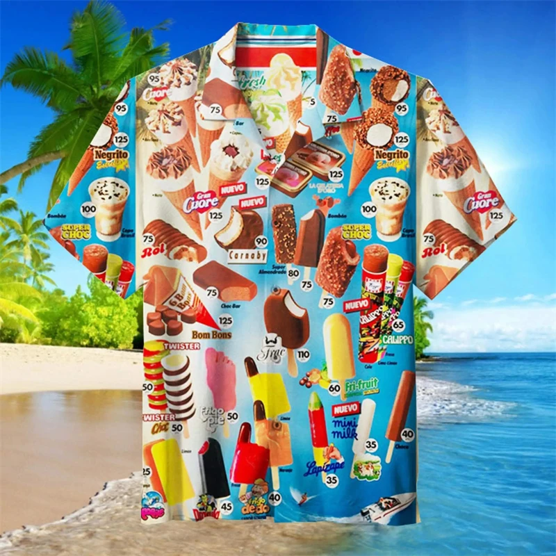 

Ice Cream Feast Funny Shirt For Men's Clothes Food 3d Printed Pattern Short Sleeves Shirts Tops Hawaiian Casual Fashion Blouse