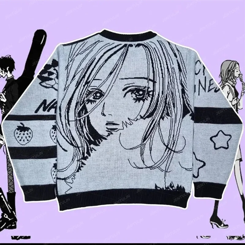 Y2K Harajuku Cartoon Girl Pattern sweater Japanese Anime Women's Loose Long sleeve pullover Goth Retro 2000s Sweater Sweatshirt