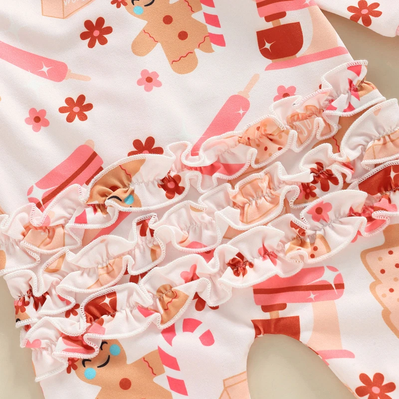 Newborn Baby Girls Christmas Jumpsuit Set Long Sleeve Gingerbread Man/Santa Claus Print Zipped Romper with Bowknot Headband