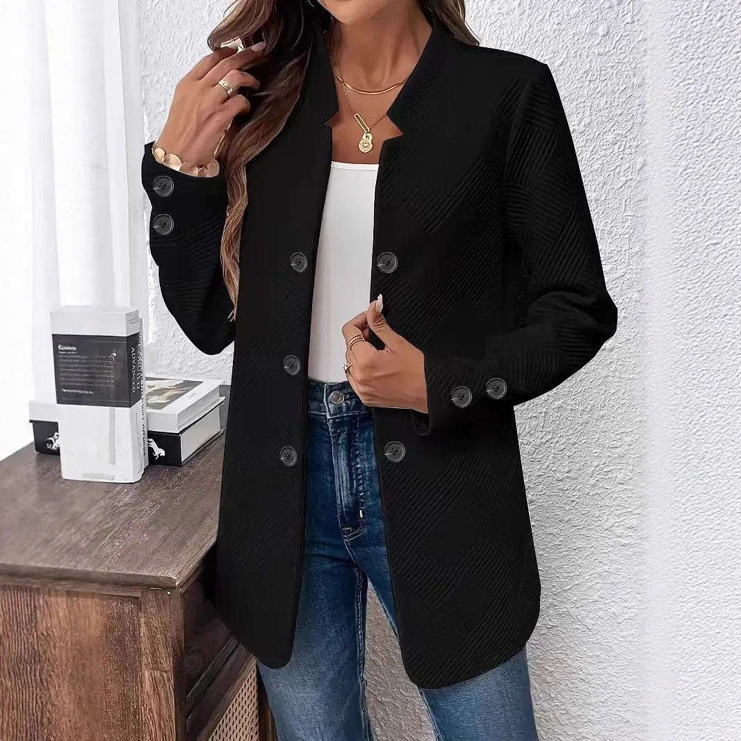 Long Sleeve Jacquard Top Mid Length Elegant with Pocket Detail Three Button Double Breasted Closure Mid Long Length Women Jacket