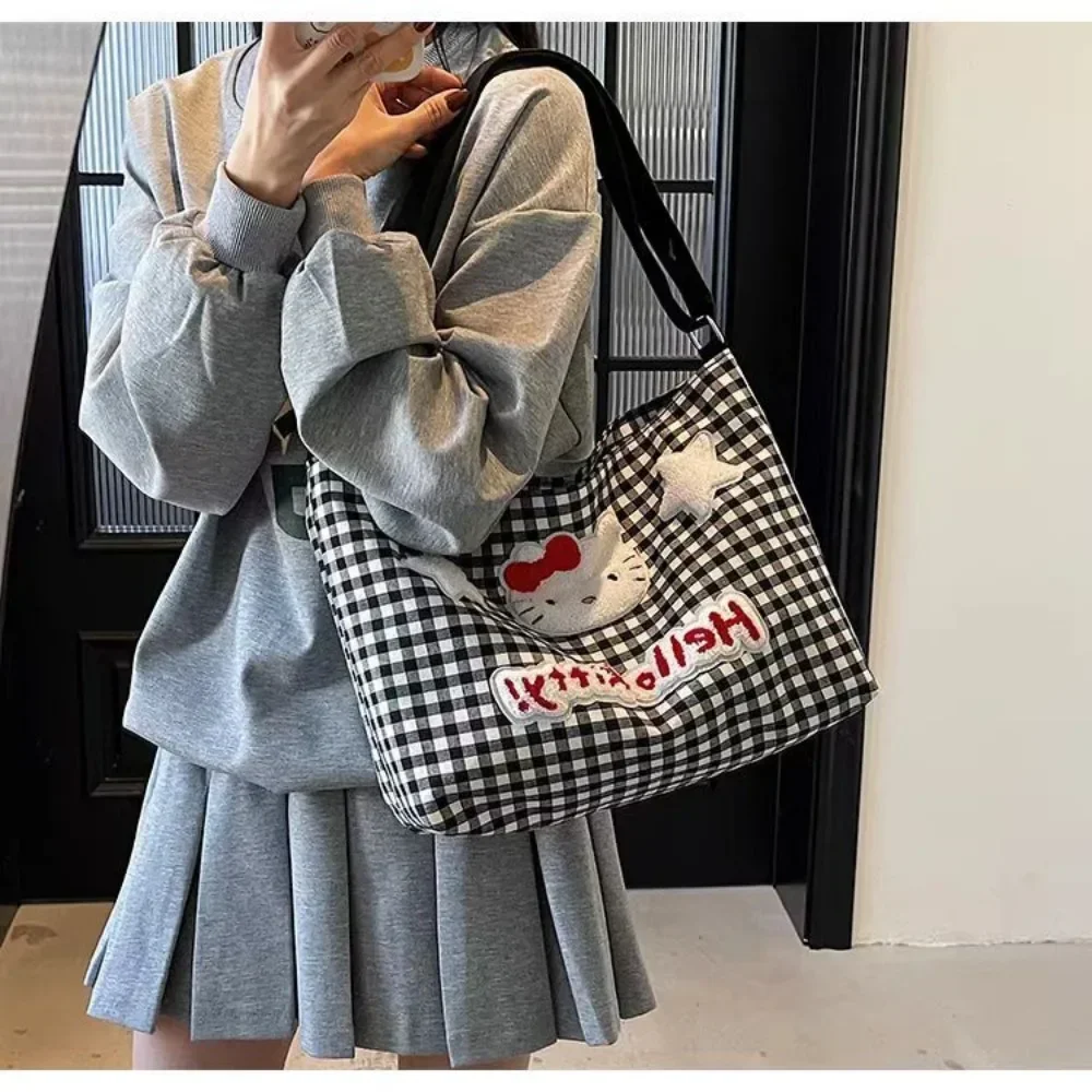 

Sweet Kawaii Anime Sanrio Storage Plaid Shoulder Bag Female Cute Cartoon Hello Kitty Large Capacity Crossbody Canvas Bag Gifts