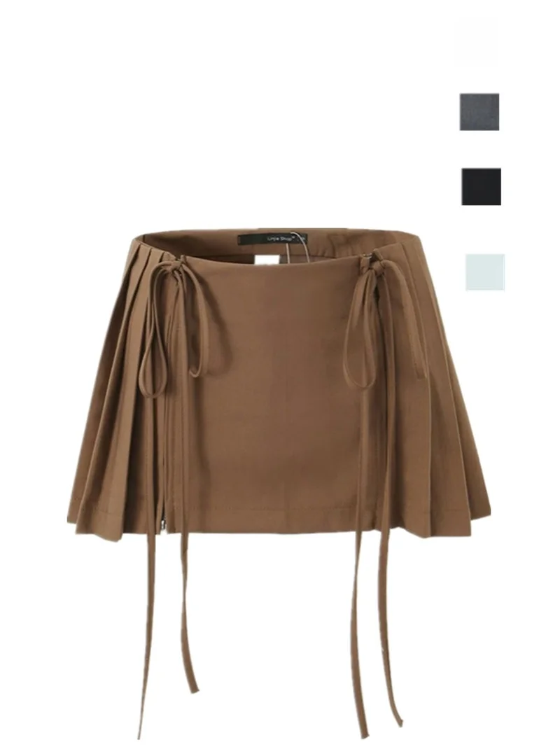 

Street Sle High Slit Side Zipper Skirt Pure Color Low Waist Pleated ort Skirt Vitali Waist Belted f Body Skirt