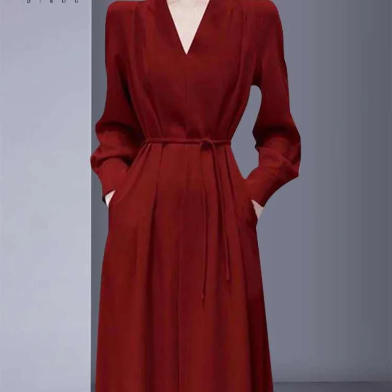 라이트 럭셔리 하이 엔드 드레스 가을 새로운 프랑스 복고풍 스타일 미디 스커트 여성 레드 긴 소매