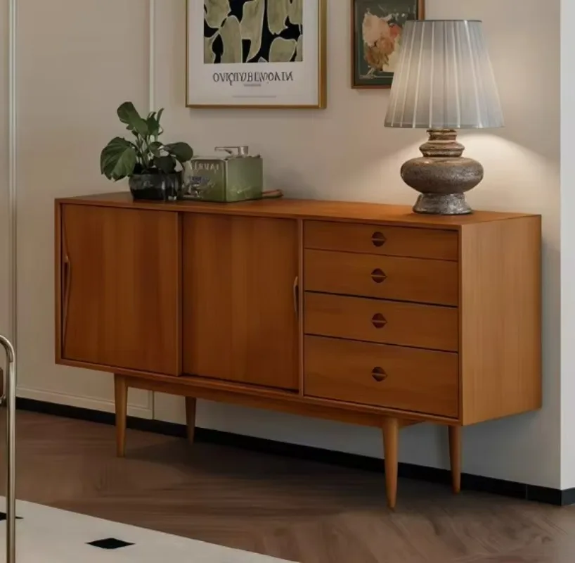 Modern simple solid wood sideboard buffet cabinet with wall-mounted shelves for restaurant storage and finishing
