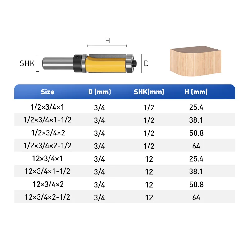 Straight 12mm Shark Router Bit with Bearing Set Woodworking Wood Hand Carbide Router Bits for Wood Flush Trim Rourter Bit 1/2