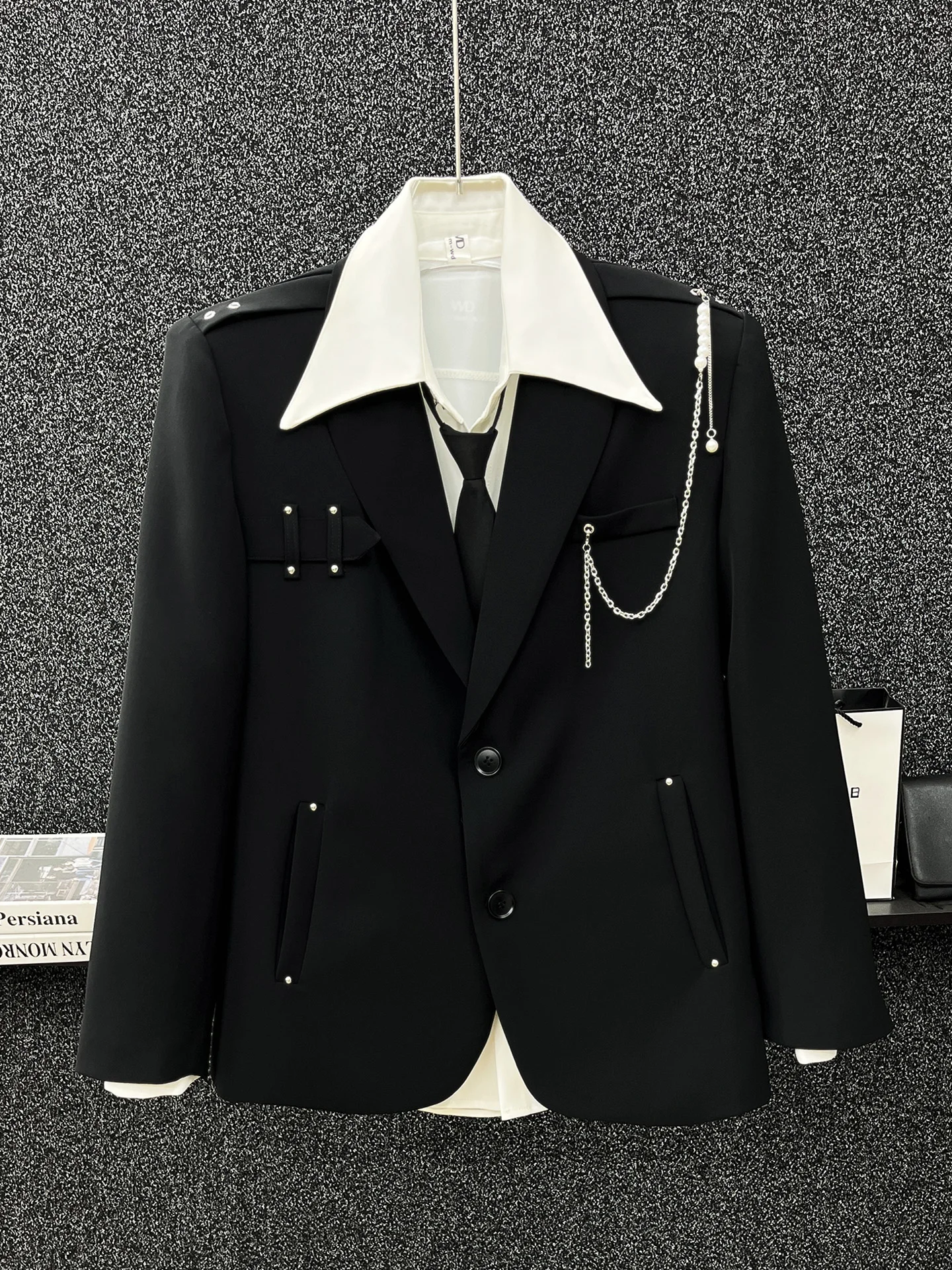 2025 الربيع والخريف الراقية تصميم السماء المرصعة بالنجوم الأسود السترة الرجال تنوعا الكورية نمط العصرية سلسلة سترة بيضاء #4