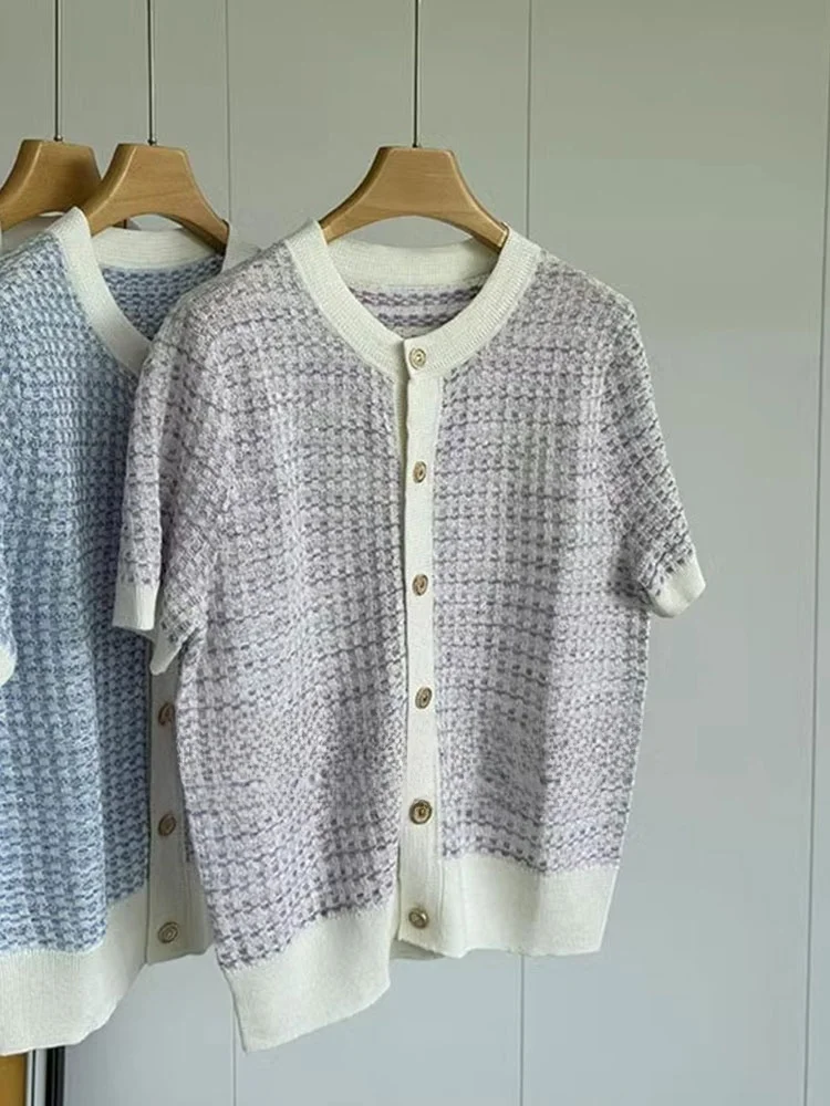 

Ele Cheered ort Sve Open Cardigan Casual Commute Sle Single Button Contrast Color Top Korean Version Linen T-irt