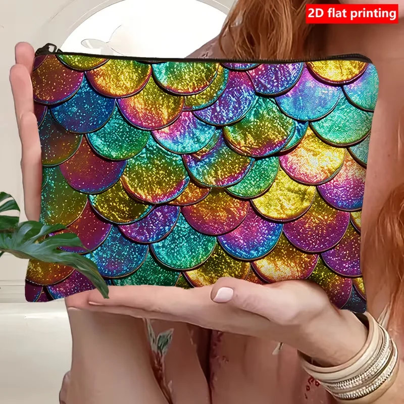 A 2D Flat Makeup Bag Featuring Colorful Fish Scale Pattern, Suitable Various It'S A Travel Toiletry Making It A Great Gift Op