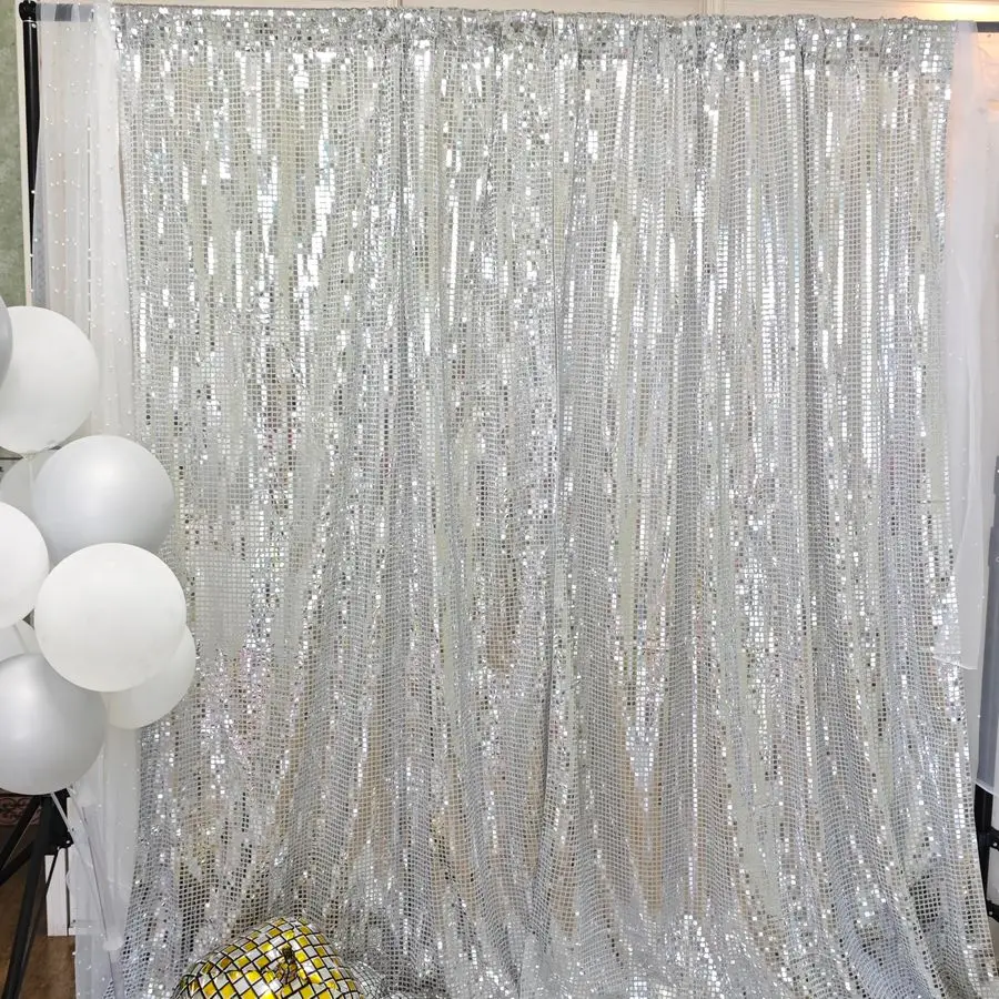 

Silver Disco Backdrop Curtain for Parties 4.5 x 8 ft 2 Panels 70s 80s Mirror Foil Sequin Background Glitter Sparkly Photography