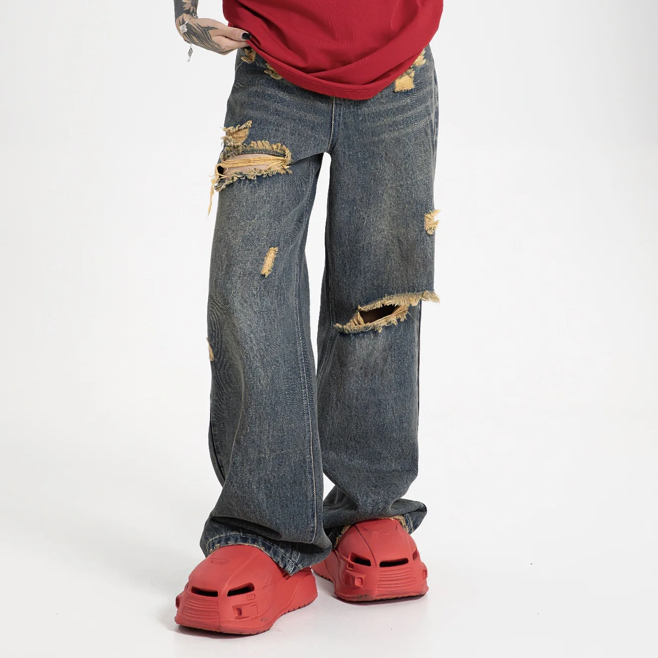 

Ретро джинсы прямого кроя в американском стиле, летние, тонкие, в стиле стритстайл, желтые, с эффектом тай-дай, винтажные, для мужчин и женщин, повседневные, длинные, без стрейча