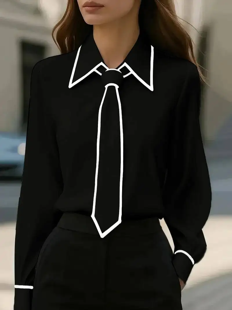 Women's Fashion Tie Lapel Design Casual Long-Sleeved Shirt