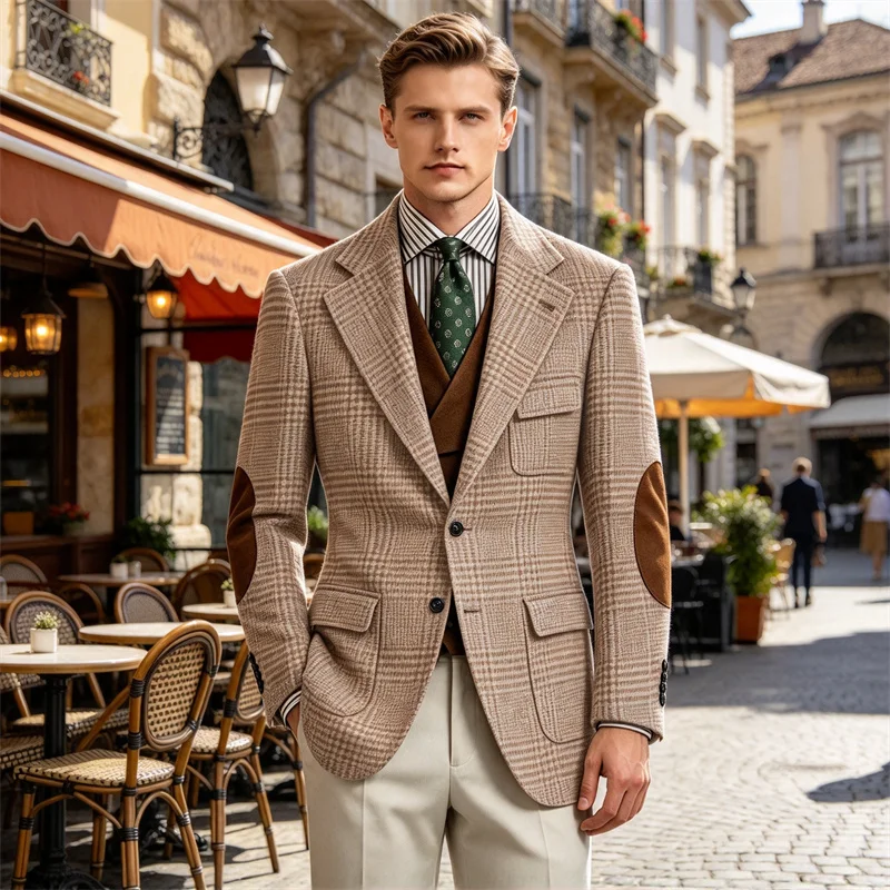 Men's Vintage Plaid Tweed Blazer Single Breasted With Elbow Patches Retro Jacket Design Multi Pockets Casual Business Daily Wear
