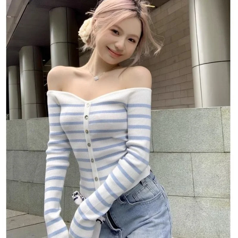 Women Korean‑Style Color‑Block Striped Off‑The‑Shoulder Knit Sweater Lady Slim Fit Long Sleeve Shoulder‑Baring Trendy Knit Top