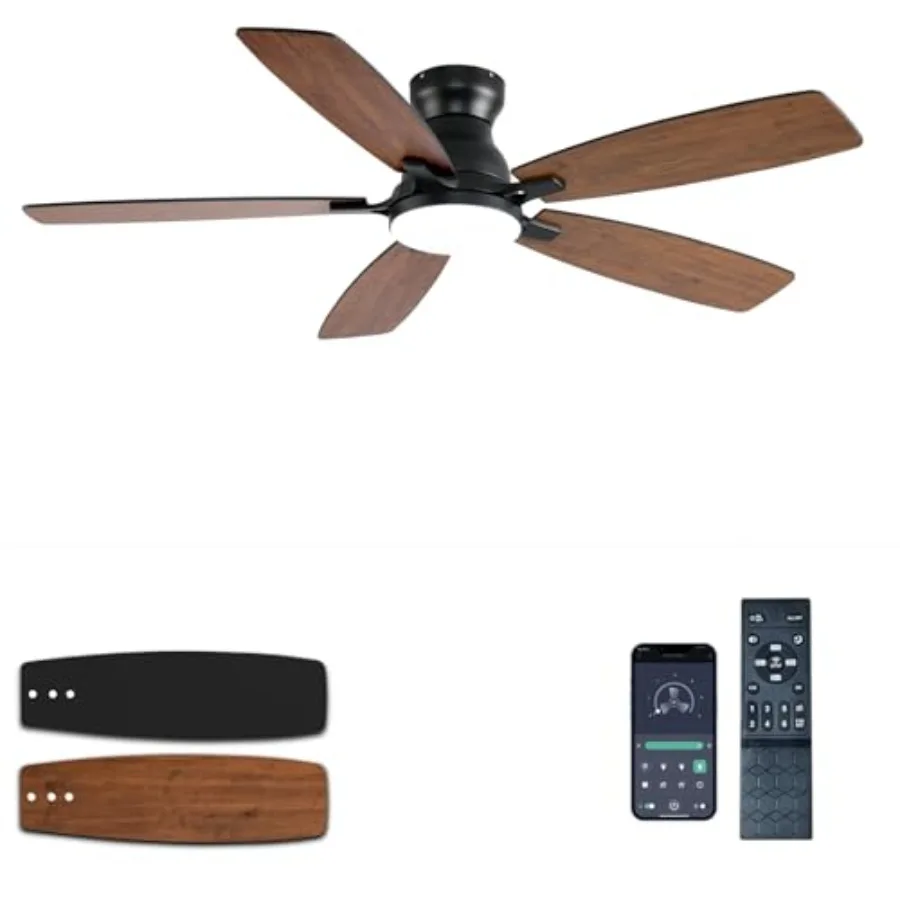 Ceiling Fans with Lights, 52 Inch Low Profile Ceiling Fan with Light and Remote Control, Flush Mount, DC Reversible Motor, Nois