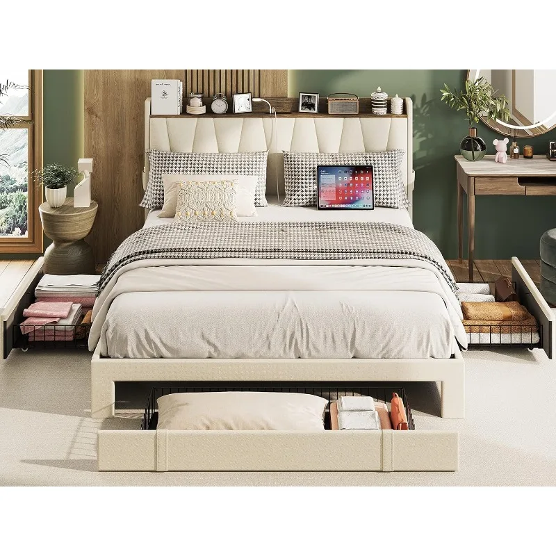 Queen Bed Frame with 3 Drawers, Upholstered Platform Bed with Storage Headboard and Charging Station, No Box Spring Needed