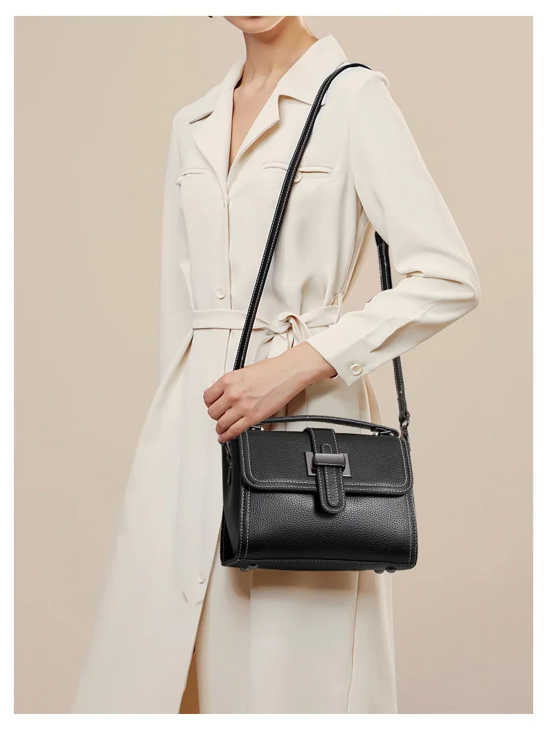 Aidrani 2026 Commuter Litchi Grain Hochwertige Kleine Schultertasche aus Leder für Damen mit Schnalle, Schwarze Kleine Quadratische Tasche – Detail 3