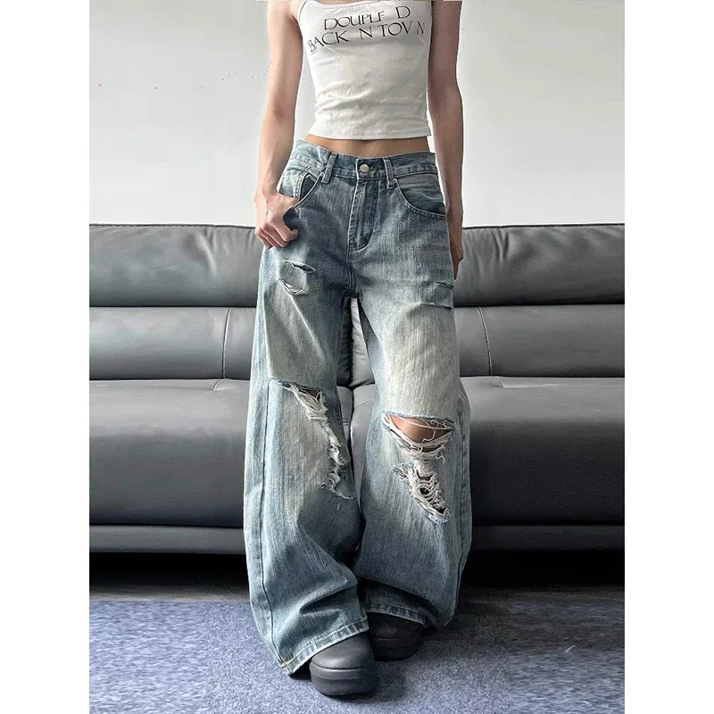 

High Street Ripped Women Blue Jeans American Vintage Streetwear Y2K Wide Leg Pants 2000s Baggy Denim Trousers Pantalones