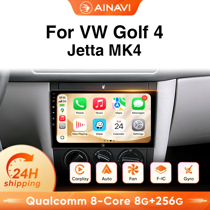 Radio para coche Ainavi Android con Carplay inalámbrico, navegación GPS para Volkswagen VW Golf 4 Jetta MK4, Android Auto, reproductor multimedia 4G para coche, SWC, BT5.0, HD IPS, salida HDMI, MP5, FM, AM, RDS, giroscopio, autorradio 2 DIN. 1