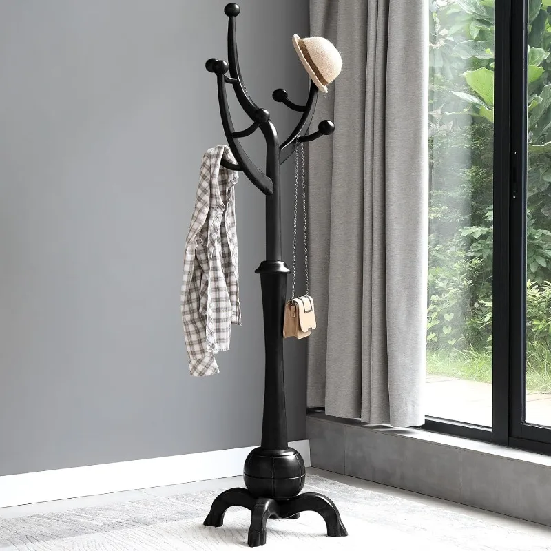 Heavy Duty Coat Rack Freestanding Wood Tree Rack with 8 Hooks,  with Sphere Base for Entryway, Hallway, Bedroom Black