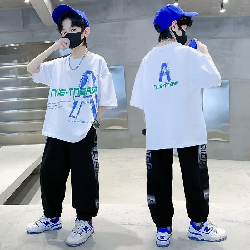 2025 summer Teenager Boys Clothes Casual Kids Tracksuit Child t shirt + Ankle-tied long pant 4 5 6 7 8 9 10 12 11 13 14 Year