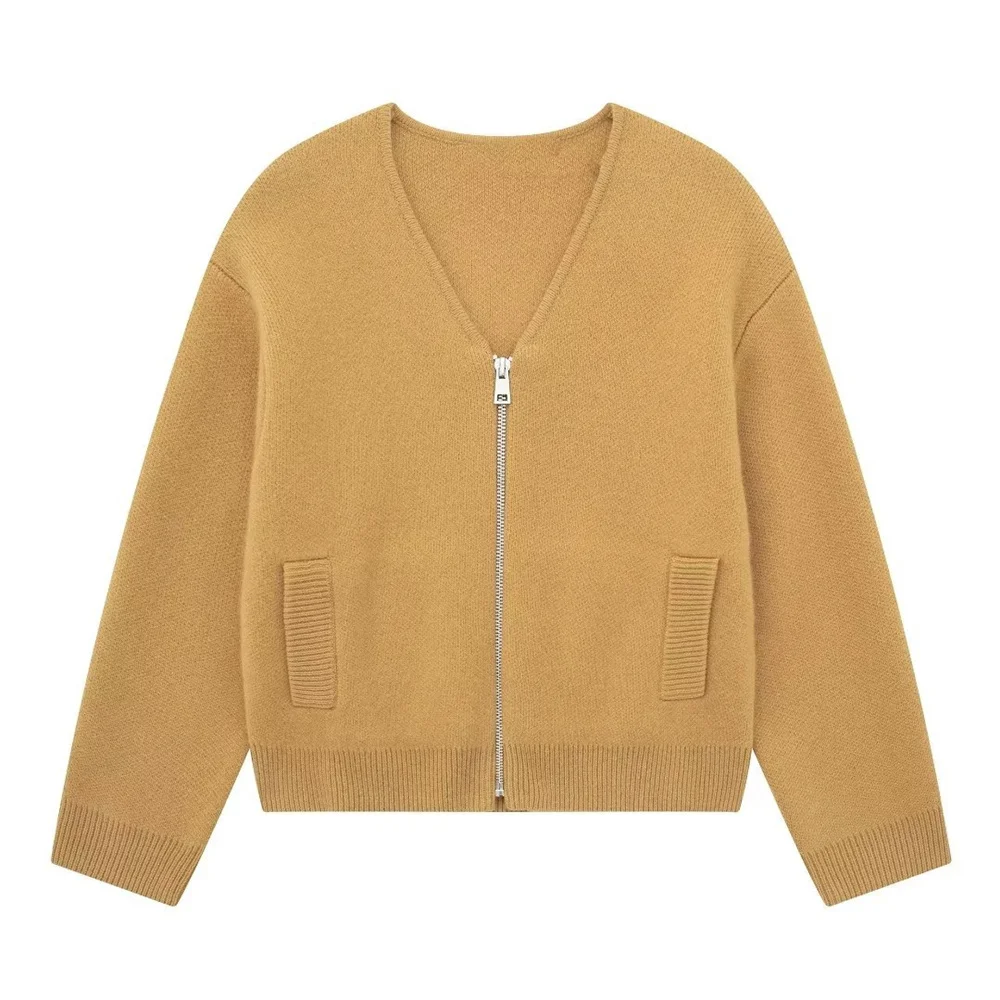 Giacca Cardigan con cerniera lavorata a maglia cammello da donna autunno solido causale con scollo a v corto con cerniera maglione cappotto maglieria femminile top