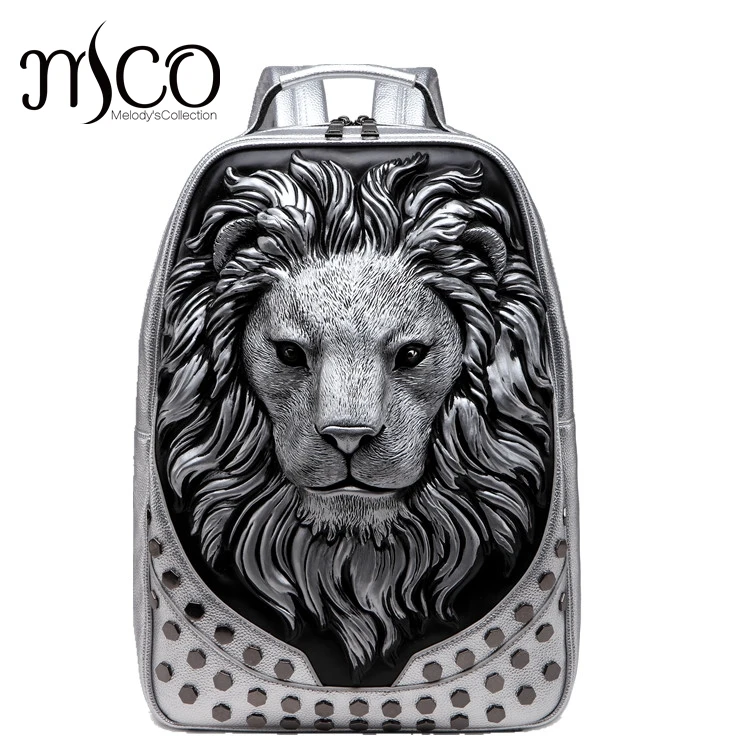 Sac à dos en cuir pour hommes et femmes, motif tête de Lion en relief 3D, Rivet clouté, doux, voyage, punk rock, sac à dos pour ordinateur portable, vente en gros