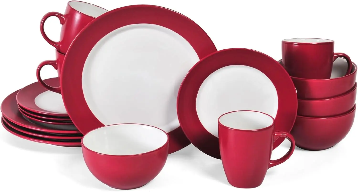 

Harmony 16-Piece Stoneware Dinnerware Set, Red - Includes Plates, Bowls, Mugs - Microwave & Dishwasher Safe - Everyday Tableware