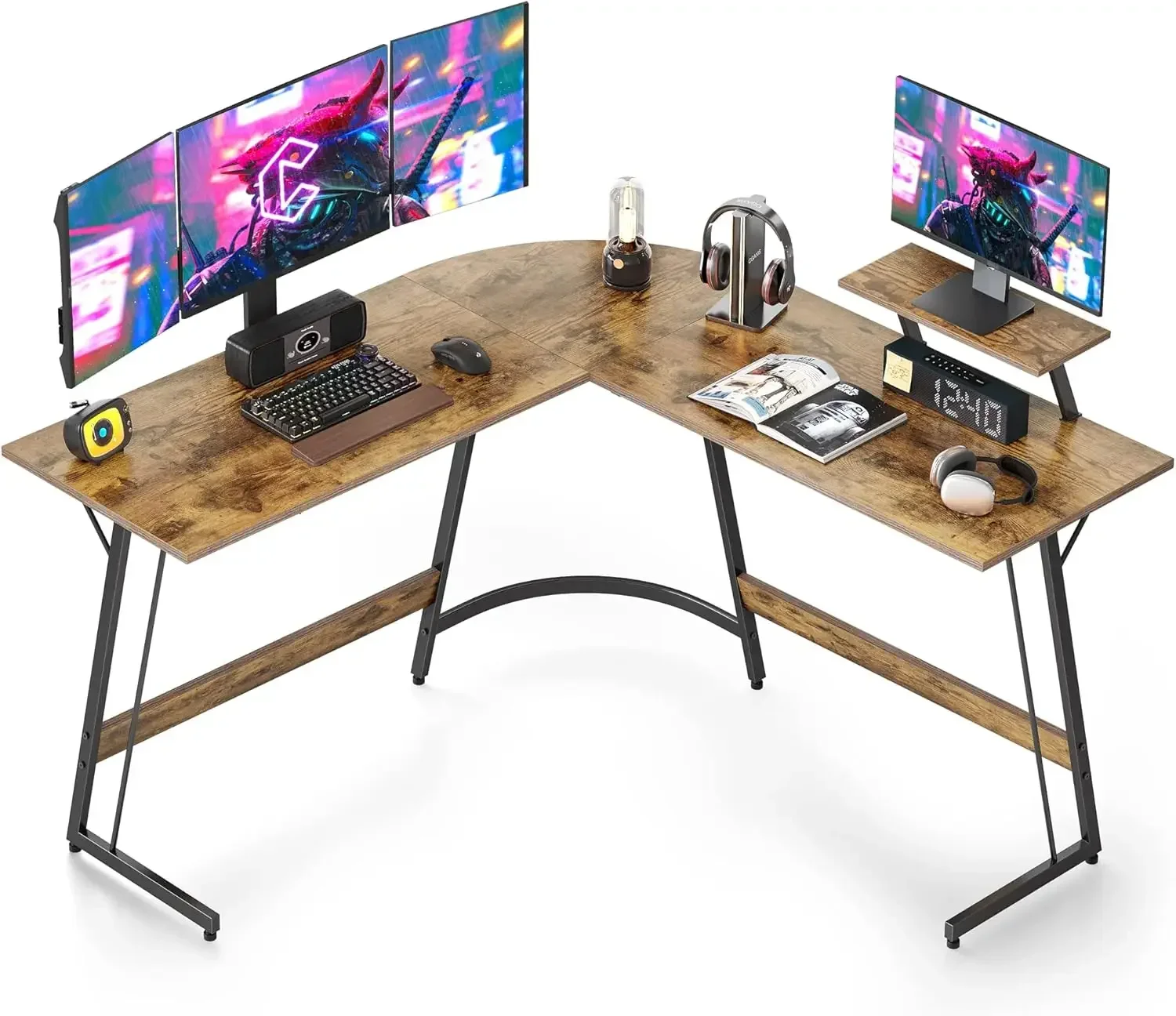 

L Shaped Desk, Computer Corner Desk, Gaming Desk with Monitor Stand, Home Office Study Writing Workstation, Rustic Brown