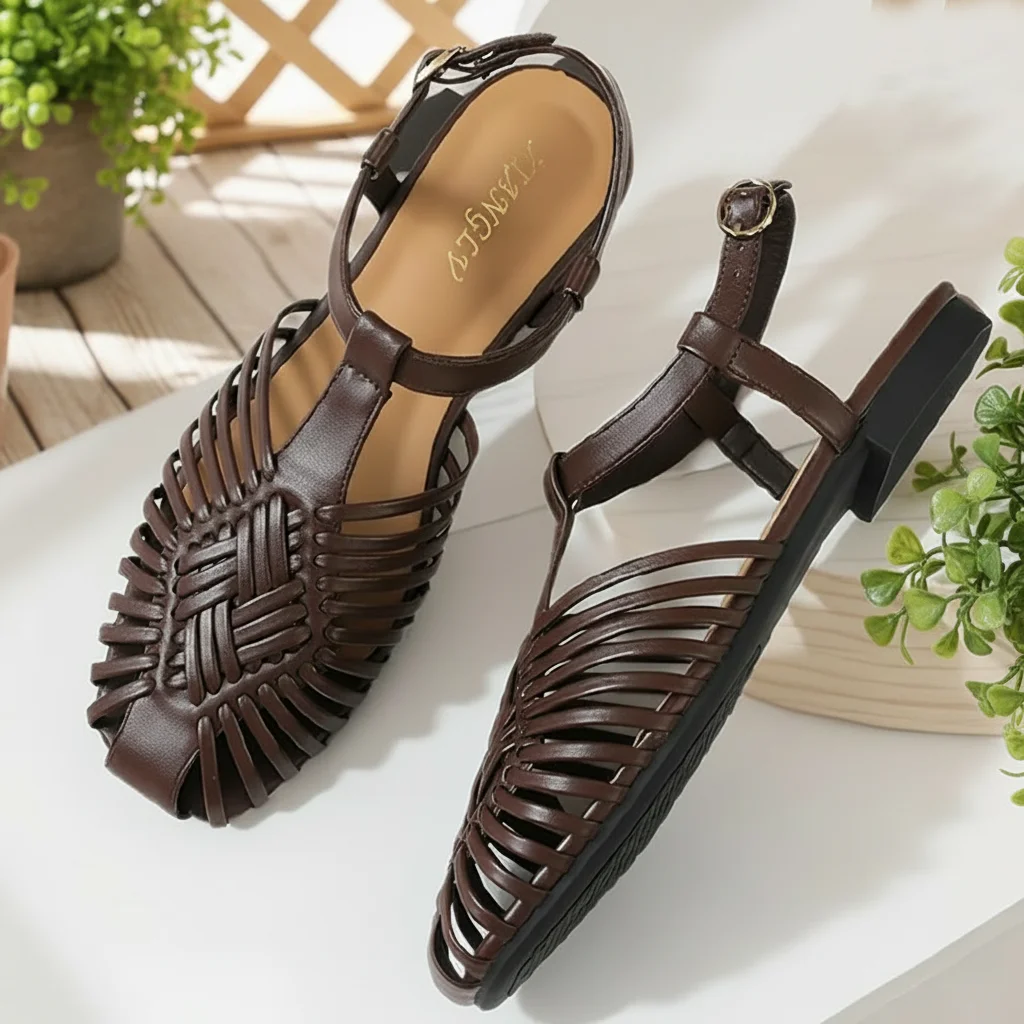Summer Women Gladiator Sandals Flat Ankle Strap Narrow Band Roman Shoes Casual Beach Vacation Hollow Out Big Size Fashion
