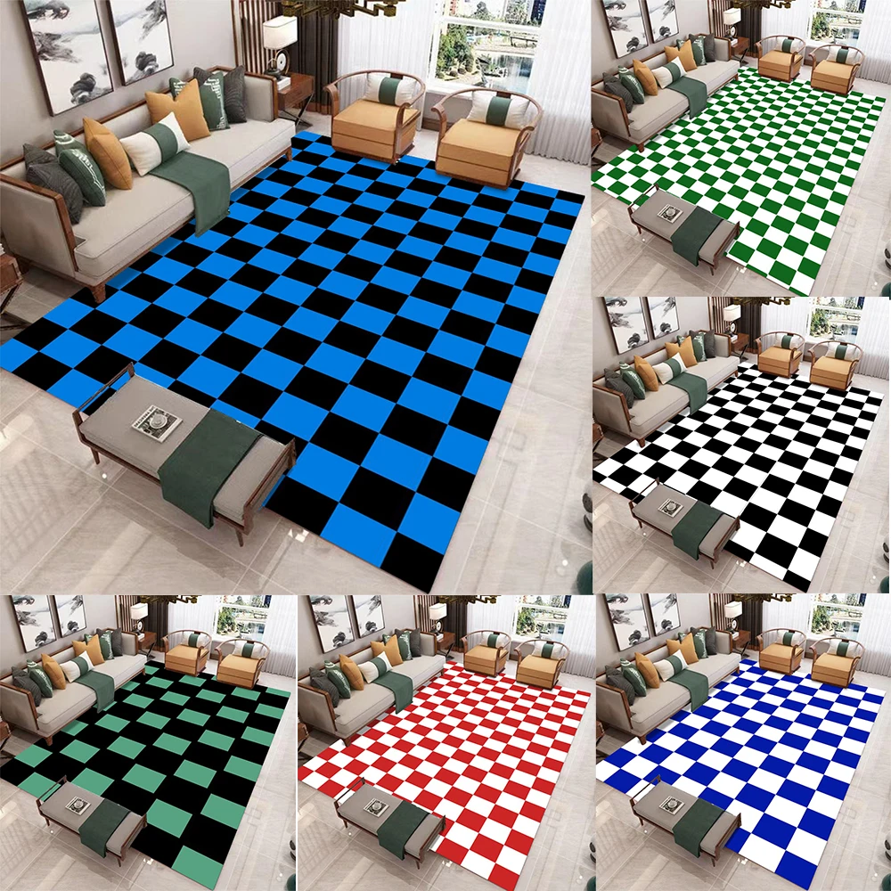 Checkerboard Pattern Non-Slip Carpet, Blue Green and Red Contrast Checkered Area Rug, Modern Floor Mat for Living Room Decor