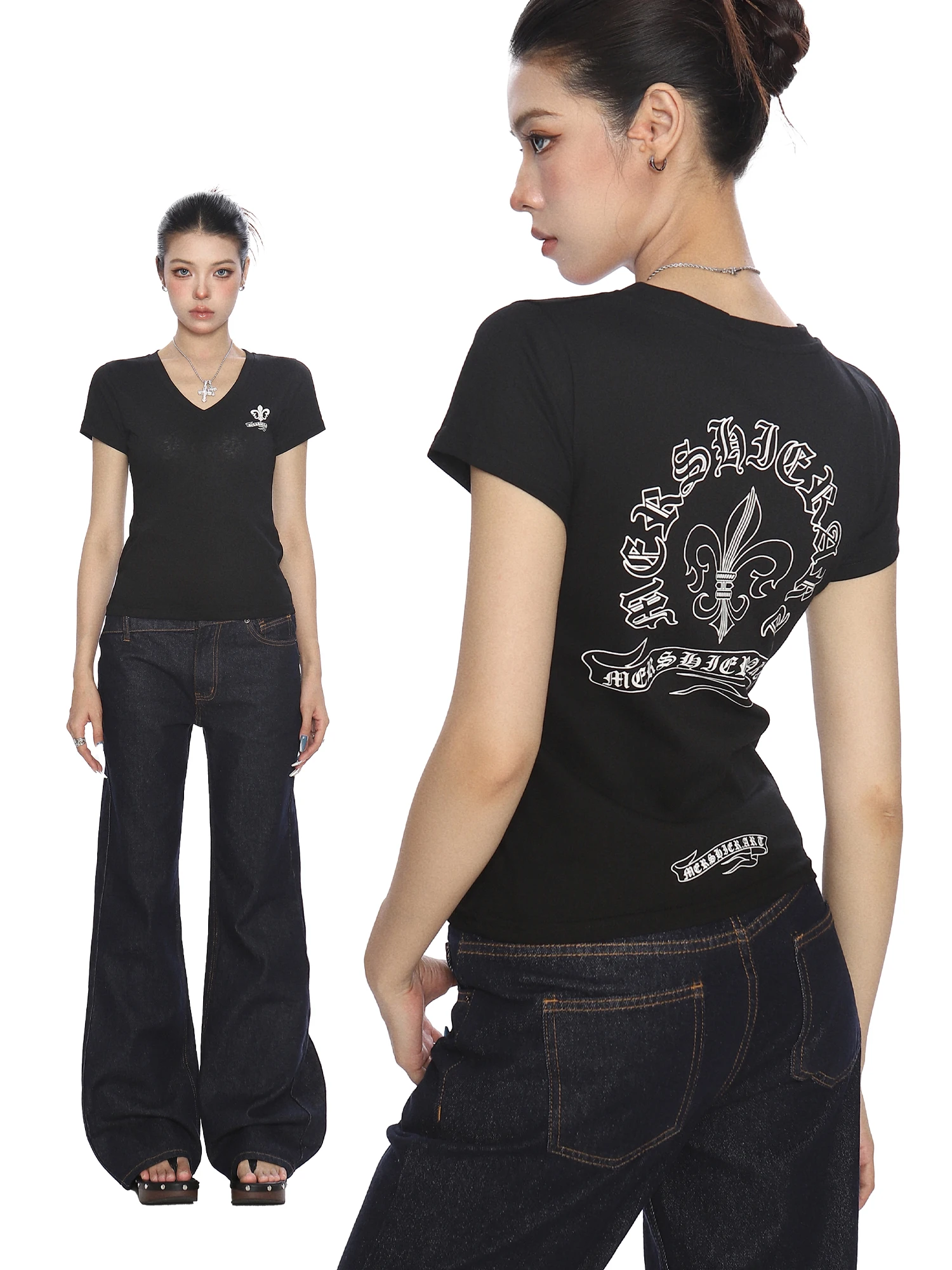 Slimming Effect American Ba Print V-Ne ort Sve T-irt Women's Summer Casual Top Trendy Commute Sle Creative Pattern