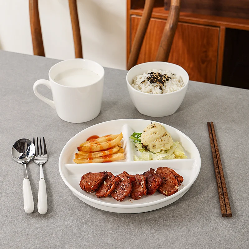 8.2~9.5 Inch Ceramic Dividing Plates for Adults Weight Loss Three Compartments Simple Children Dish White Porcelain Tableware - Image 3