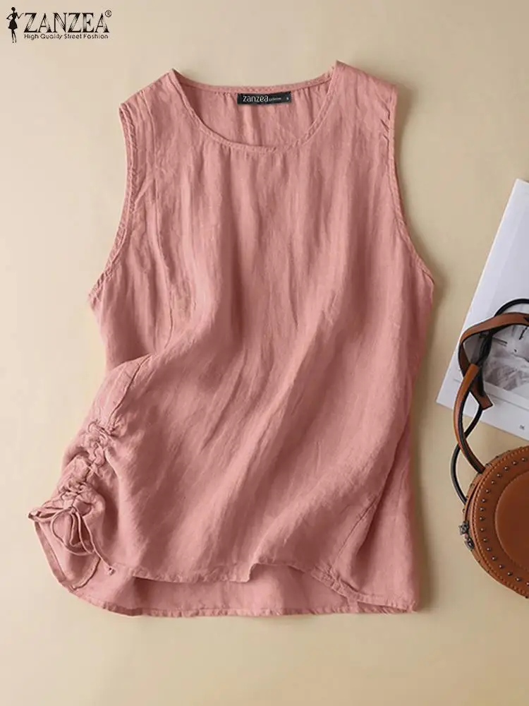 ZANZEA Vinatge Holiday Tanks Tops Women Cotton Camis Summer O Neck Sleeveless Blouse Casual Loose Shirt Solid Beach Tees Vest