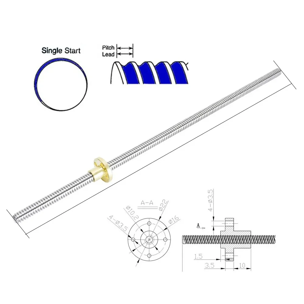 Peça de impressora 3D T8 Parafuso de chumbo com porca OD 8mm Chumbo 2mm Passo 2mm 100mm 200mm 300mm 400mm 500mm Parafuso de chumbo com porca de latão Reprap