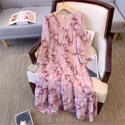 Plus-size ladies summer casual commute loose comfortable dress Chiffon pink print V-neck A-line skirt seven-point sleeve dress