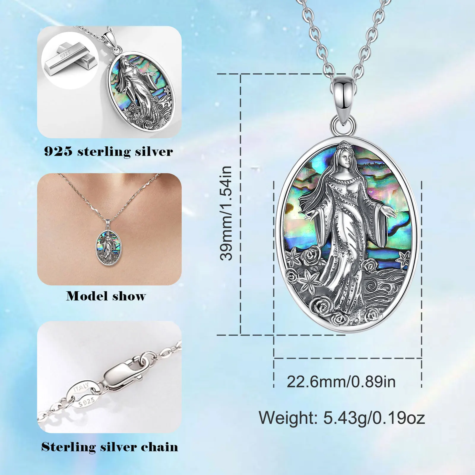 Eudora Original 925 Sterling Silver Sea Goddess Yemaya Necklace Natural Abalone Shell Lemanja Amulet Pendant Fine Jewelry Gift