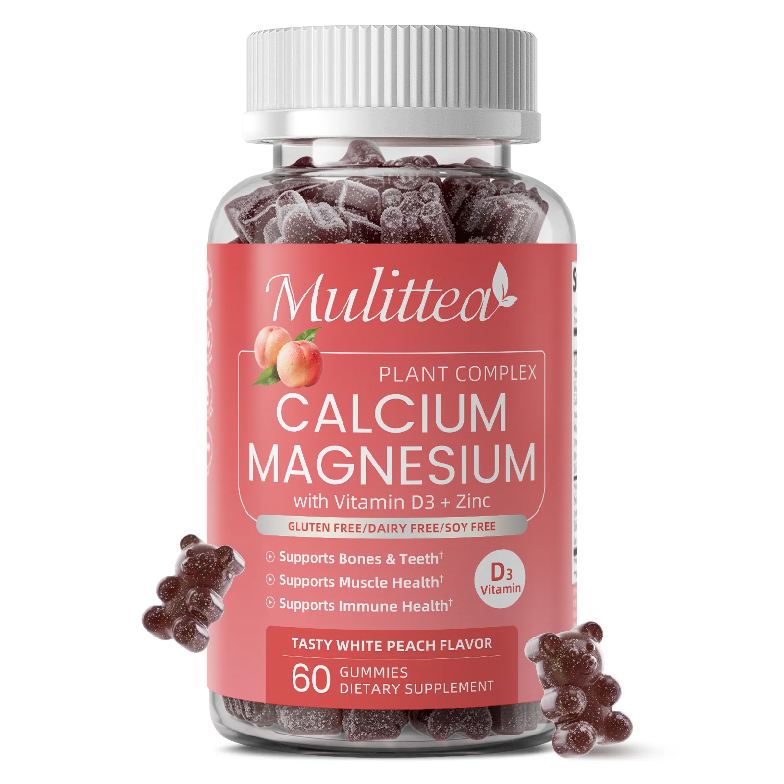 Mulittea 60PCS Calcium Magnesium Zinc Gummies Supports Calcium Absorption Supports Healthy Bones and Muscles Flexibility