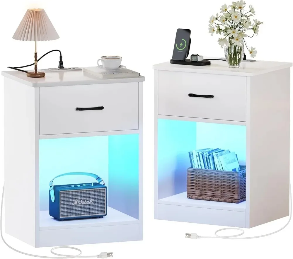 

Nightstands Set of 2, Night Stands with Charging Station & LED Light Strips, Bedside Tables with Drawer, Side Tables Bedroom