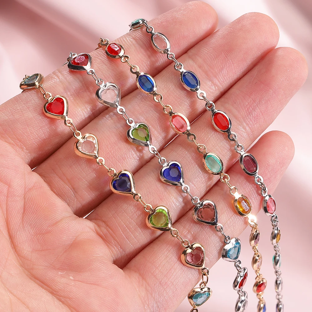 1Meter Crystal Bead Chain Colorful Love Heart Oval Glass Beads Copper Chains for Necklace Bracelet Jewelry Making DIY Supplies