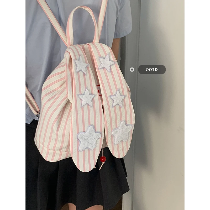 حقيبة ظهر قماشية بتصميم أذن أرنب لطيفة، حقيبة طالب مخططة، حقيبة كتف نسائية عصرية وأنيقة، نمط عملي بدون وسادة ظهر