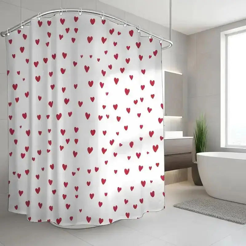 Red Hearts Shower Curtain White Background Cute Love Design Waterproof Bath Decor Elegant Romantic Bathroom Curtains