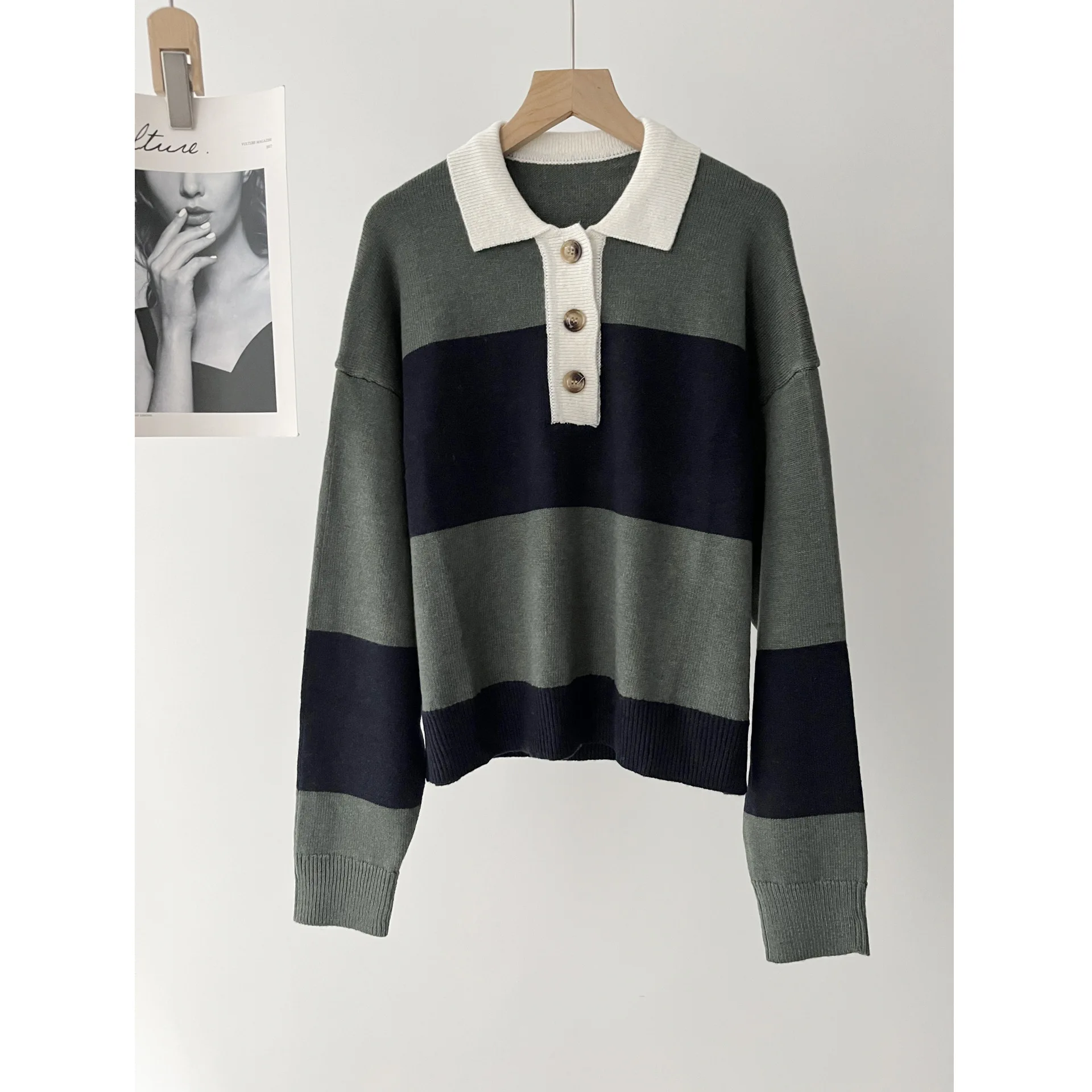 Women's Smart Commuter Striped Short Polo Shirt Neck Sweater Long Sleeve Knitted Sweater 16A